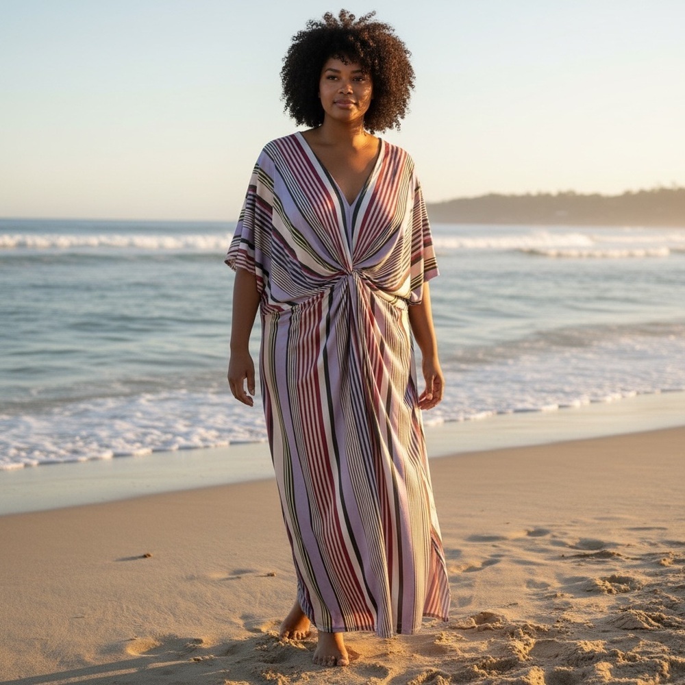 Evri Striped Knot Front Pullover Maxi Dress Women 3X Boho Stretch Beachy Casual